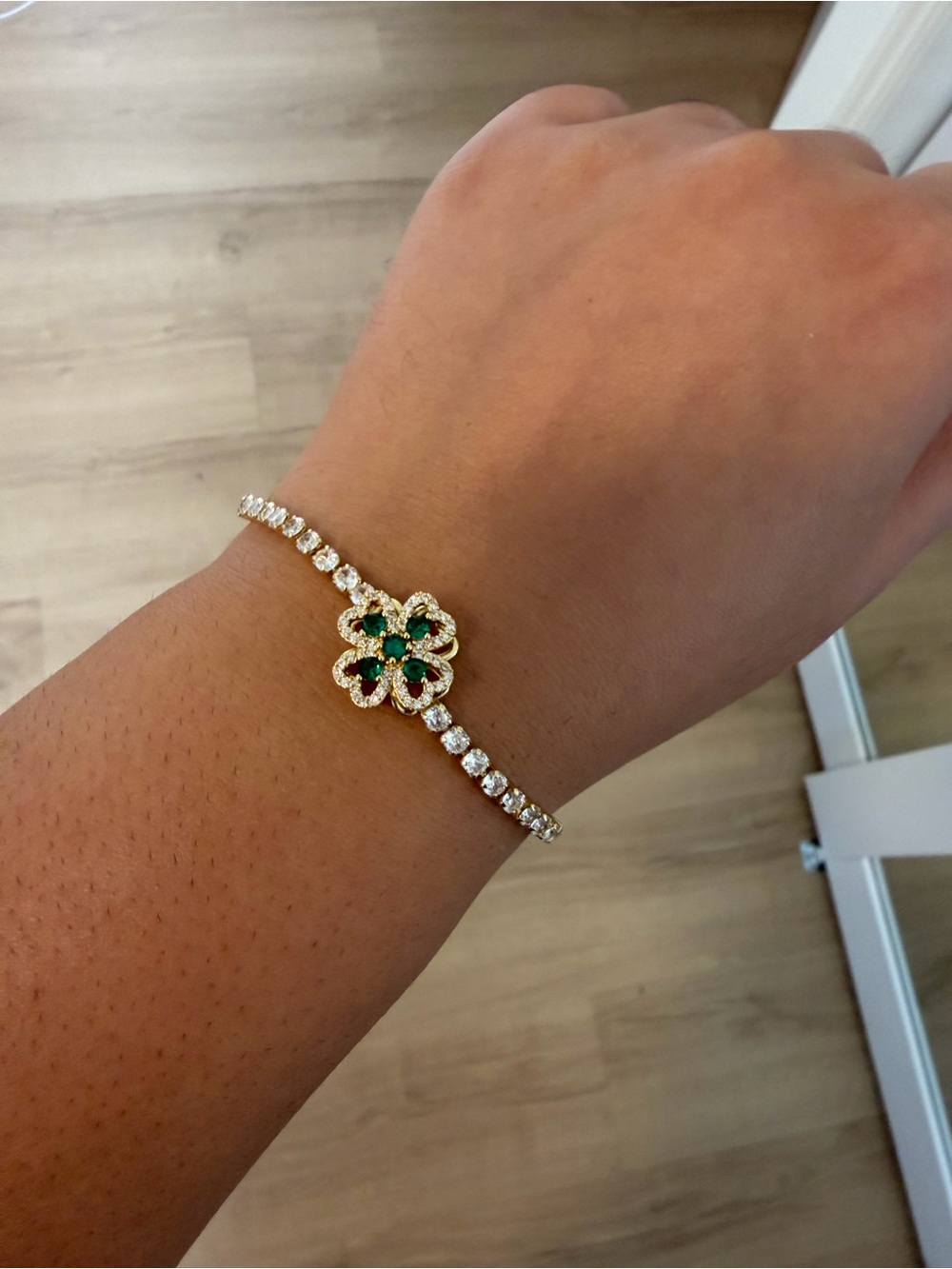 Gold-Tone Emerald Flower Spinny Tennis Bracelet - Women Jewelry